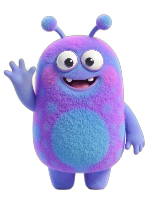DumDum, a friendly purple monster, waving